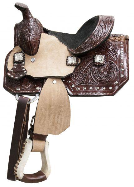 8" Double T Horse Saddle W/ Floral Tooled Leather Crystal Rhinestone Conchos - Medieval Replicas