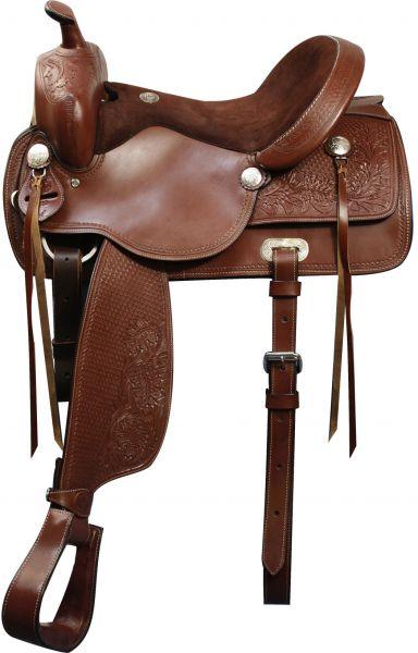 16", 17" Double T Pleasure Style Horse Saddle Features Basket Weave Tooling - Medieval Replicas