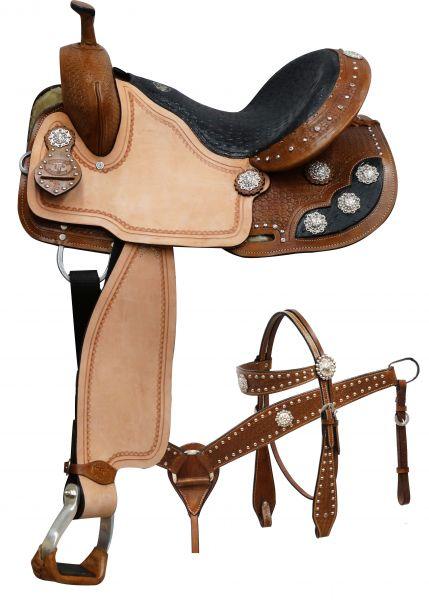 Double T Barrel Style Horse Saddle W/ Black Alligator Print Seat 14", 15", 16" - Medieval Replicas