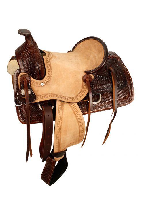 Double T Hard Seat Roper Style Saddle With Basketweave Tooling 13 inches - Medieval Replicas