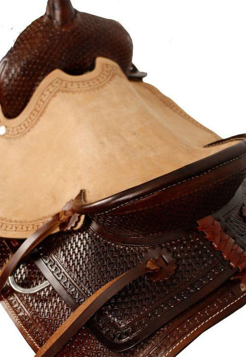 Double T Hard Seat Roper Style Saddle With Basketweave Tooling 13 inches - Medieval Replicas