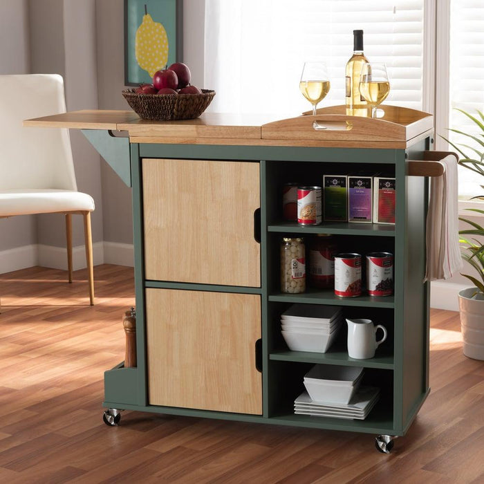 DORTHY COASTAL TWO-TONE DARK GREEN AND NATURAL WOOD KITCHEN STORAGE CART - Medieval Replicas