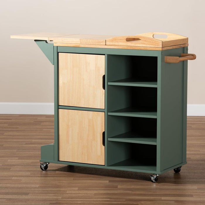 DORTHY COASTAL TWO-TONE DARK GREEN AND NATURAL WOOD KITCHEN STORAGE CART - Medieval Replicas