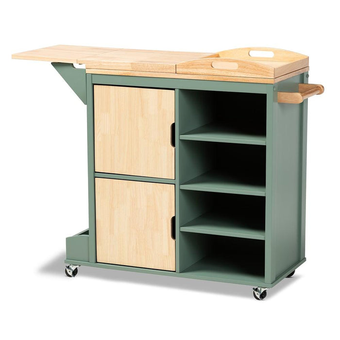 DORTHY COASTAL TWO-TONE DARK GREEN AND NATURAL WOOD KITCHEN STORAGE CART - Medieval Replicas