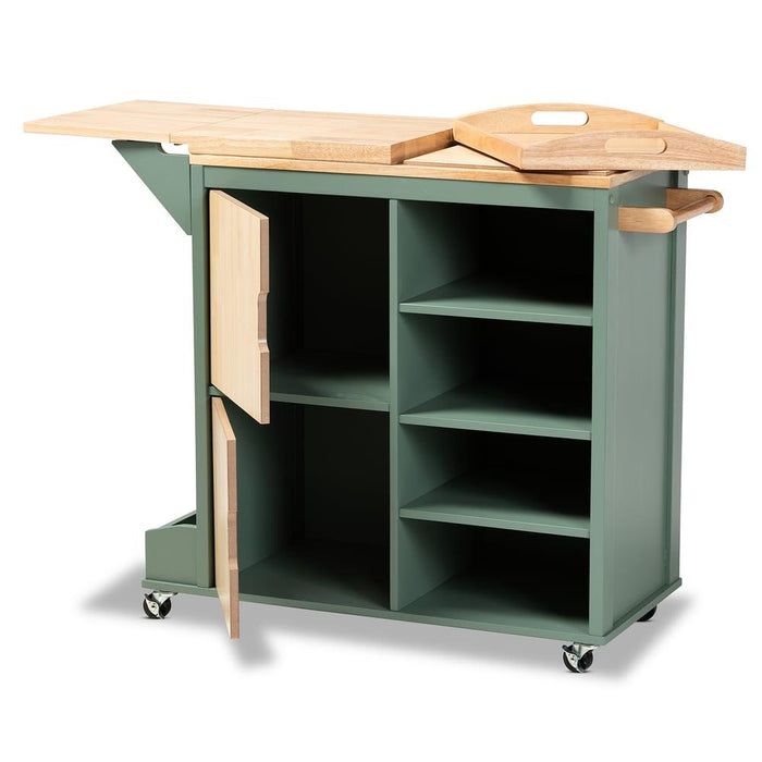 DORTHY COASTAL TWO-TONE DARK GREEN AND NATURAL WOOD KITCHEN STORAGE CART - Medieval Replicas