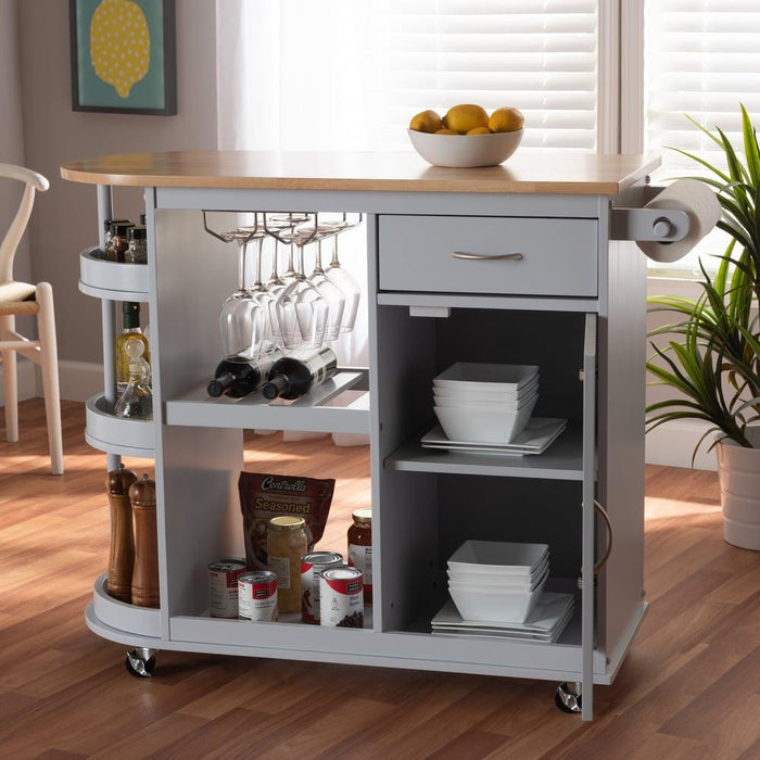 DONNIE COASTAL TWO-TONE LIGHT GREY AND NATURAL FINISHED WOOD KITCHEN STORAGE CART - Medieval Replicas