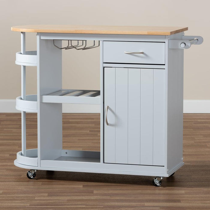 DONNIE COASTAL TWO-TONE LIGHT GREY AND NATURAL FINISHED WOOD KITCHEN STORAGE CART - Medieval Replicas