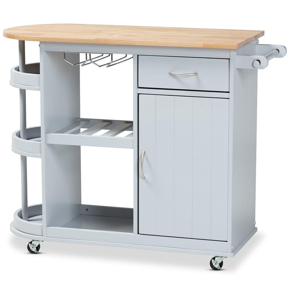 DONNIE COASTAL TWO-TONE LIGHT GREY AND NATURAL FINISHED WOOD KITCHEN STORAGE CART - Medieval Replicas