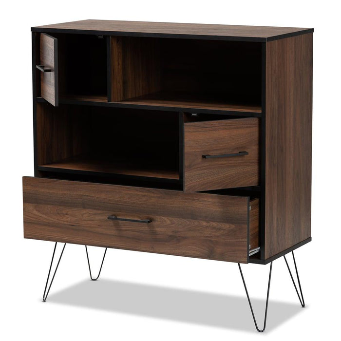 CHARIS TWO-TONE WALNUT BROWN AND BLACK FINISHED WOOD 1-DRAWER BOOKCASE - Medieval Replicas