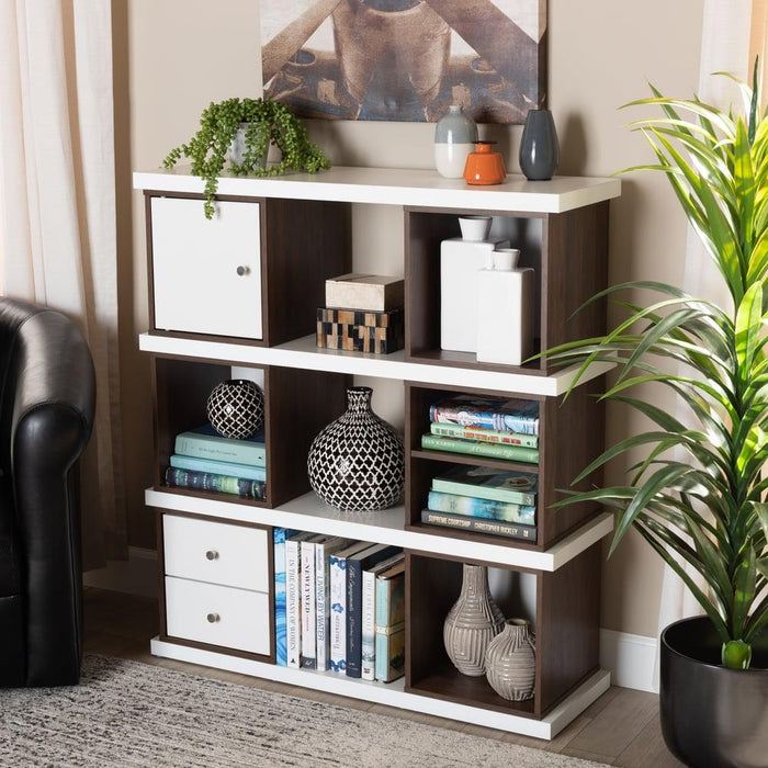 RUNE TWO-TONE WHITE AND WALNUT BROWN FINISHED 2-DRAWER BOOKCASE - Medieval Replicas