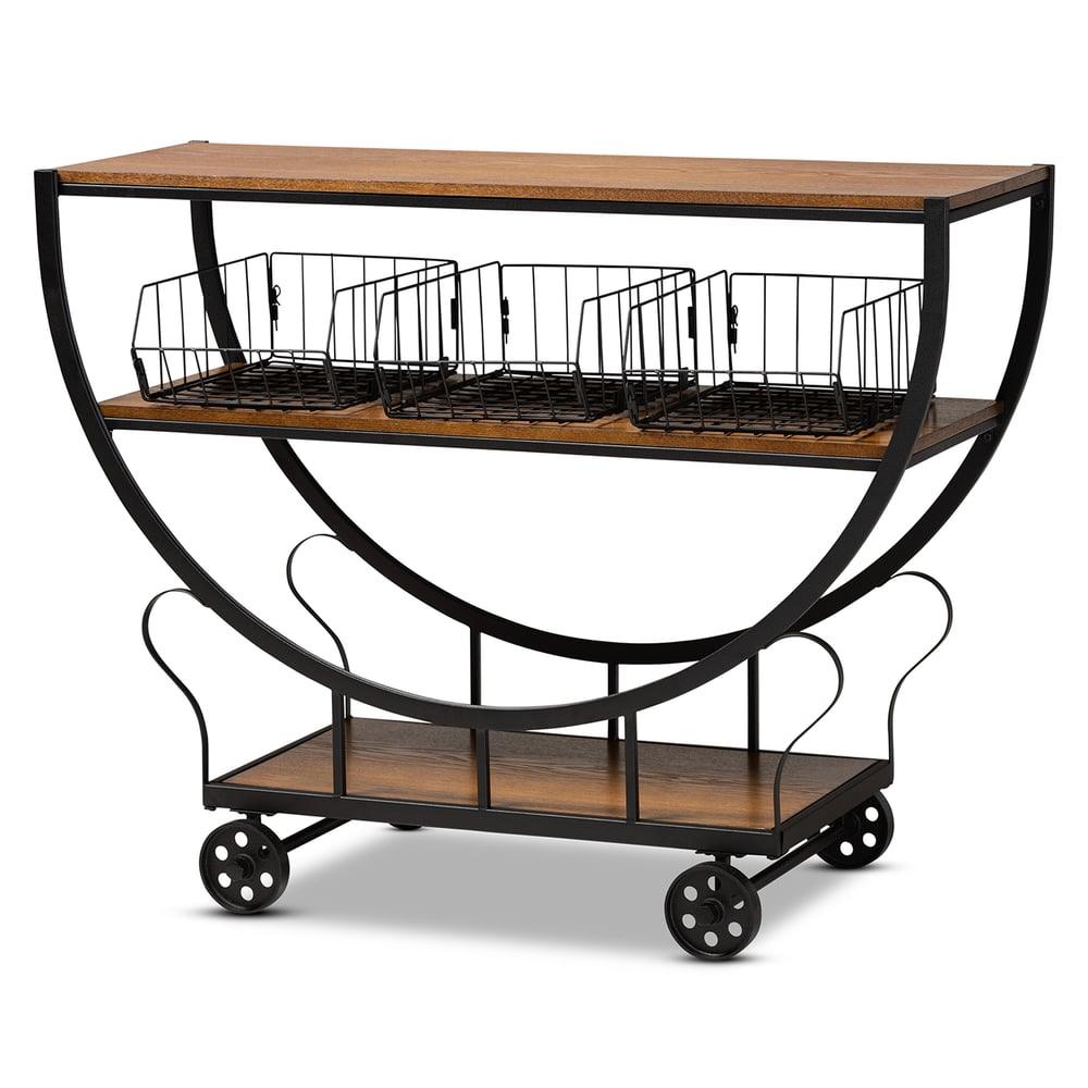 FRIEDA RUSTIC  BROWN FINISHED WOOD AND BLACK FINISHED METAL CONSOLE CART - Medieval Replicas