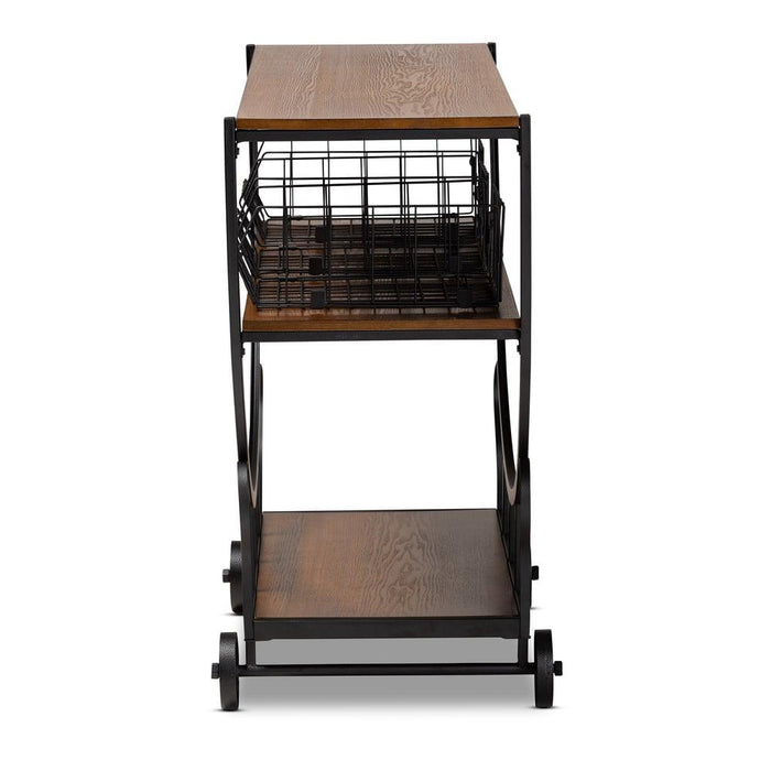 FRIEDA RUSTIC  BROWN FINISHED WOOD AND BLACK FINISHED METAL CONSOLE CART - Medieval Replicas