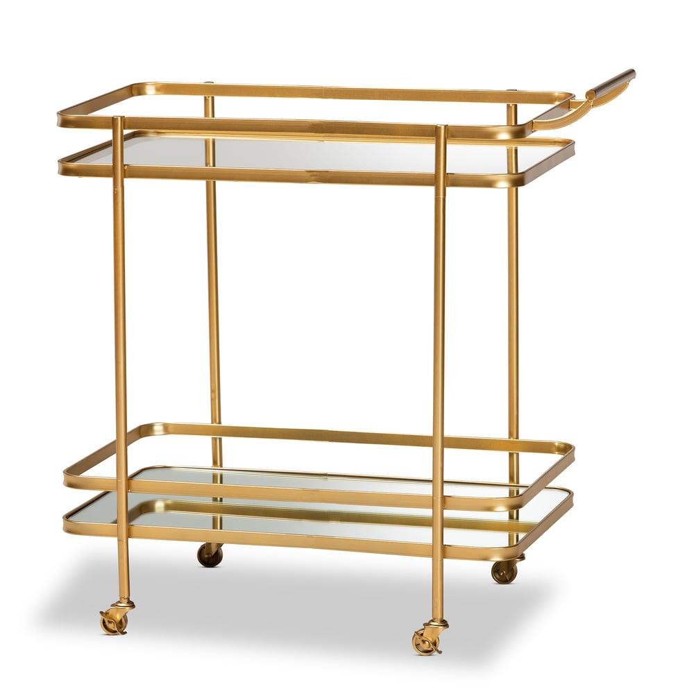 DESTIN MODERN GLAM BRUSHED GOLD FINISHED METAL AND MIRRORED GLASS 2-TIER MOBILE WINE BAR CART - Medieval Replicas