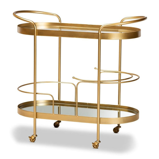 KAMAL MODERN GLAM BRUSHED GOLD FINISHED METAL AND MIRRORED GLASS 2-TIER MOBILE WINE BAR CART - Medieval Replicas