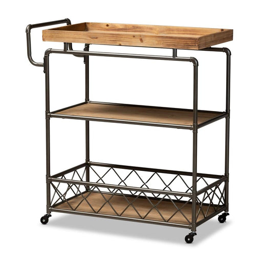 AMADO BROWN FINISHED WOOD AND BLACK METAL 3-TIER MOBILE KITCHEN CART - Medieval Replicas