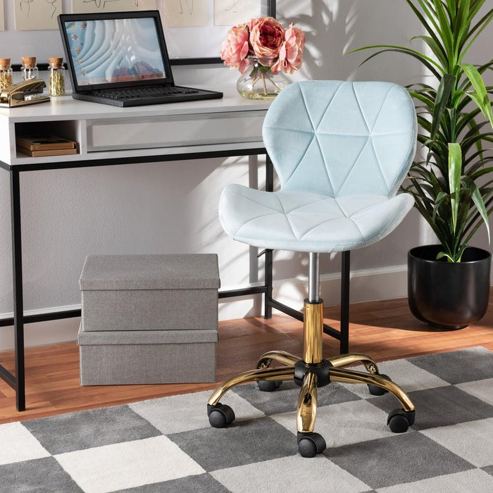 SAVARA GLAM AND LUXE AQUA VELVET FABRIC AND GOLD METAL SWIVEL OFFICE CHAIR - Medieval Replicas