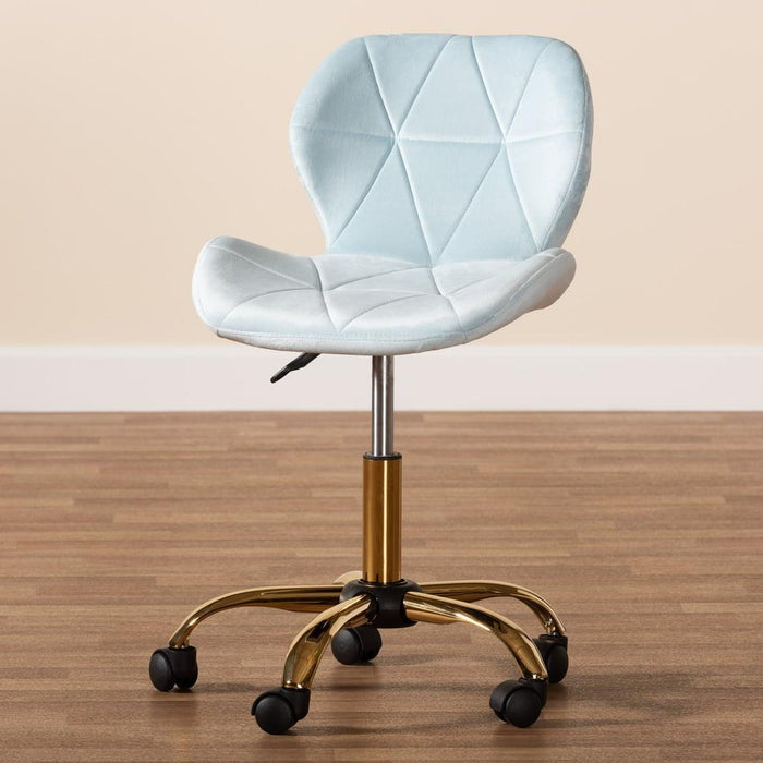 SAVARA GLAM AND LUXE AQUA VELVET FABRIC AND GOLD METAL SWIVEL OFFICE CHAIR - Medieval Replicas