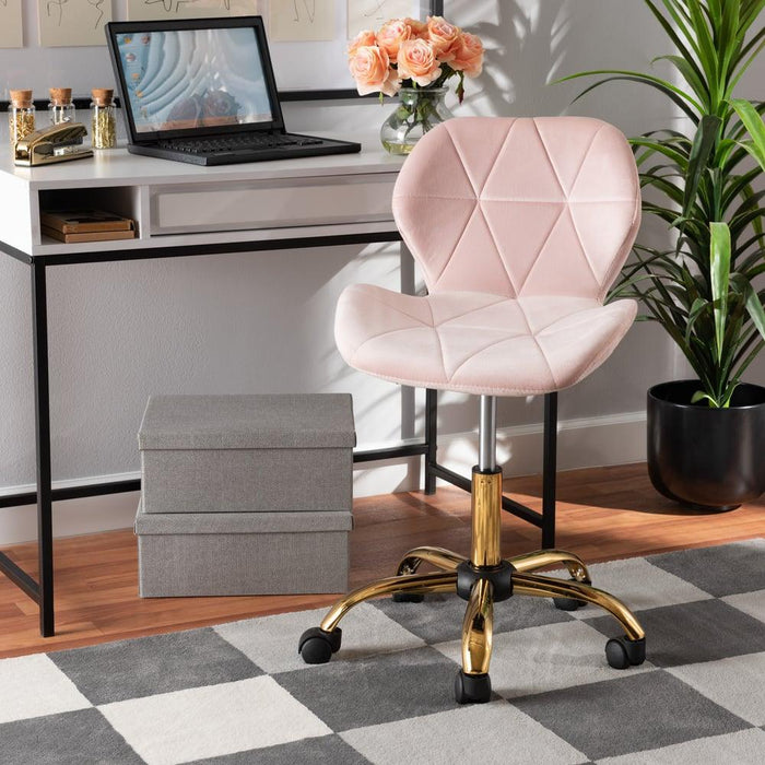 SAVARA GLAM AND LUXE BLUSH PINK VELVET FABRIC AND GOLD METAL SWIVEL OFFICE CHAIR - Medieval Replicas