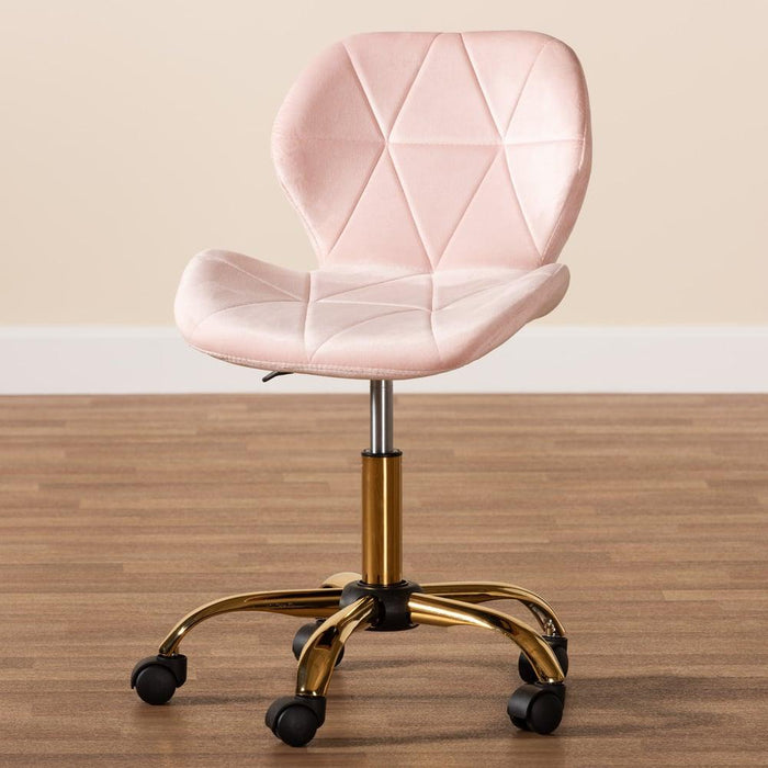 SAVARA GLAM AND LUXE BLUSH PINK VELVET FABRIC AND GOLD METAL SWIVEL OFFICE CHAIR - Medieval Replicas