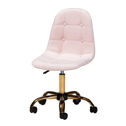 KABIRA GLAM AND LUXE BLUSH PINK VELVET FABRIC AND GOLD METAL SWIVEL OFFICE CHAIR - Medieval Replicas