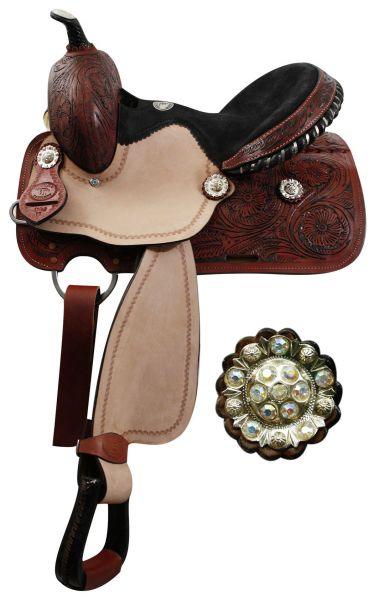 13" Youth Double T barrel saddle with fully tooled pommel, skirts and cantle | riding saddle seat - Medieval Replicas