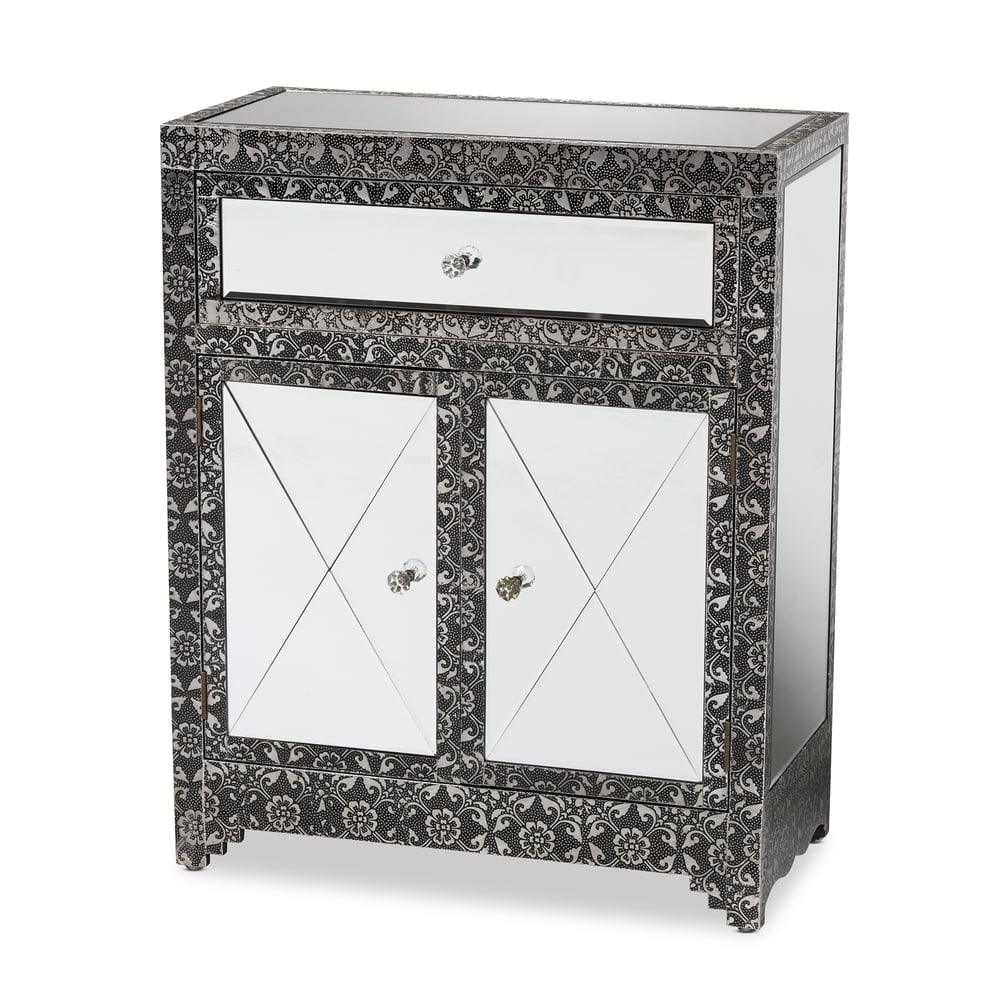 WYCLIFF GLAM AND LUXE SILVER FINISHED METAL AND MIRRORED GLASS 1-DRAWER SIDEBOARD BUFFET - Medieval Replicas