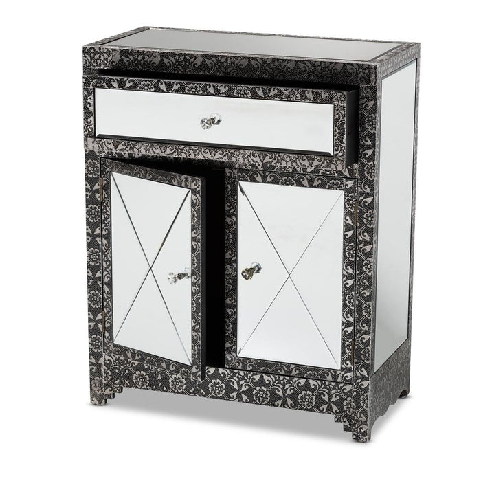 WYCLIFF GLAM AND LUXE SILVER FINISHED METAL AND MIRRORED GLASS 1-DRAWER SIDEBOARD BUFFET - Medieval Replicas