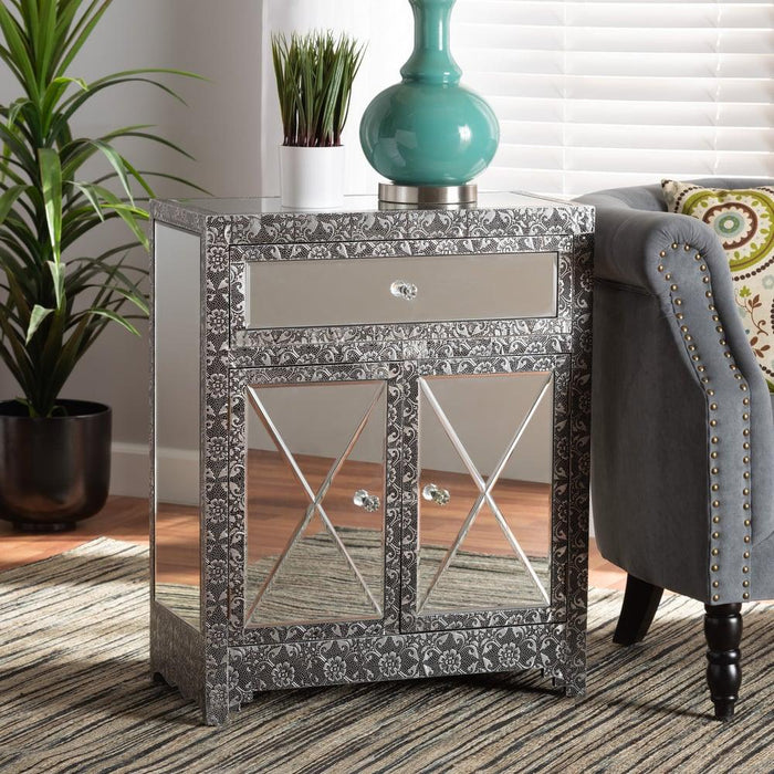 WYCLIFF GLAM AND LUXE SILVER FINISHED METAL AND MIRRORED GLASS 1-DRAWER SIDEBOARD BUFFET - Medieval Replicas