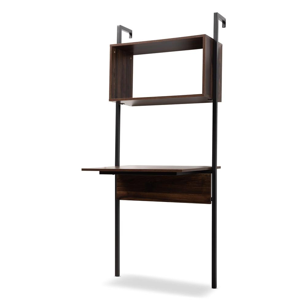 FARIAT BROWN FINISHED WOOD AND BLACK METAL DISPLAY SHELF WITH DESK - Medieval Replicas