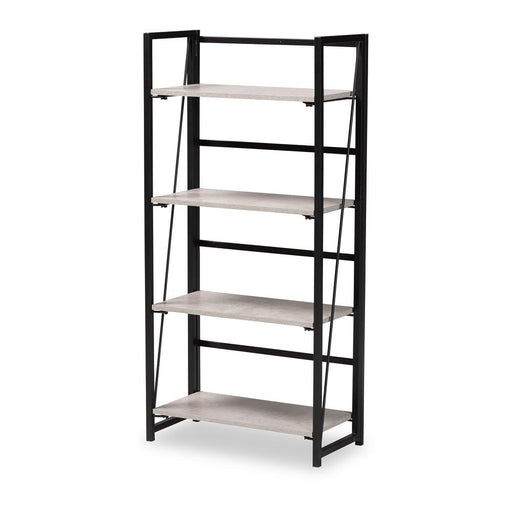 LAKOTA LIGHT GREY FINISHED WOOD AND BLACK METAL 4-TIER DISPLAY SHELF - Medieval Replicas