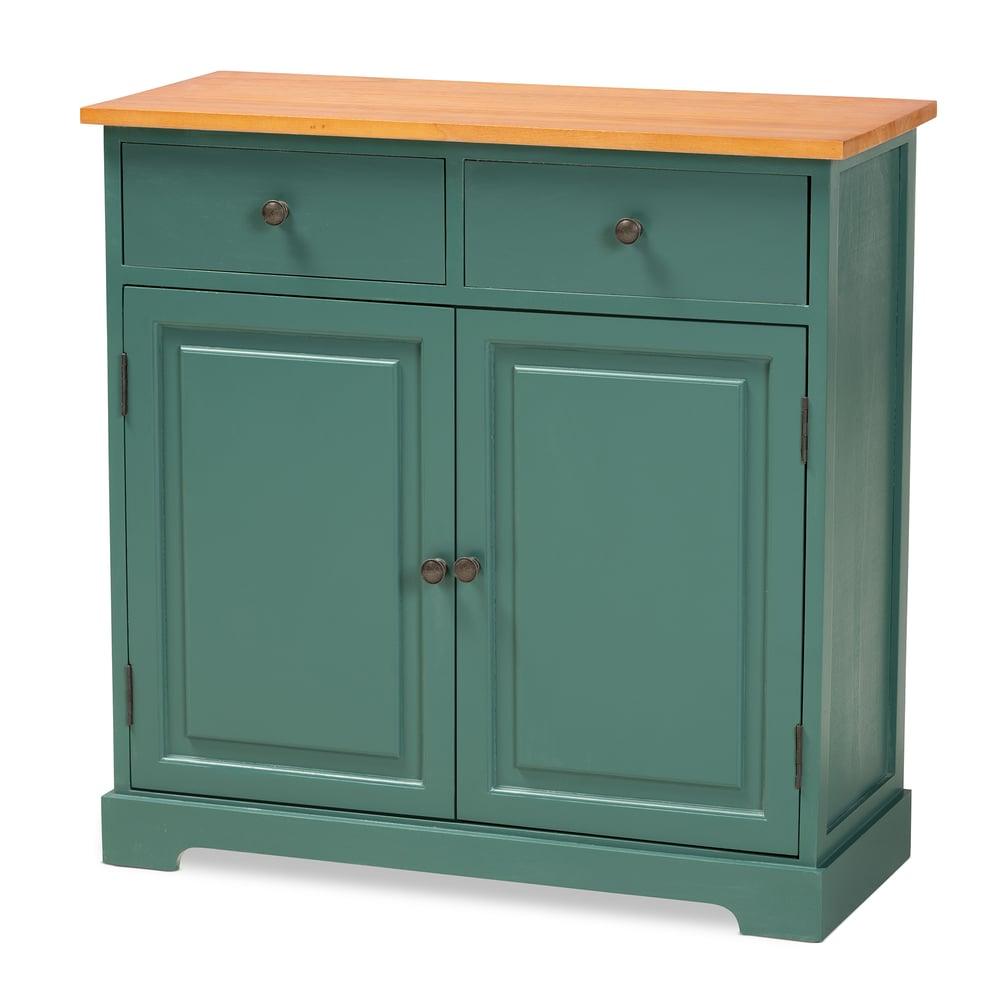 GARNER MODERN TWO-TONE TURQUOISE AND OAK BROWN FINISHED WOOD 2-DRAWER KITCHEN CABINET - Medieval Replicas