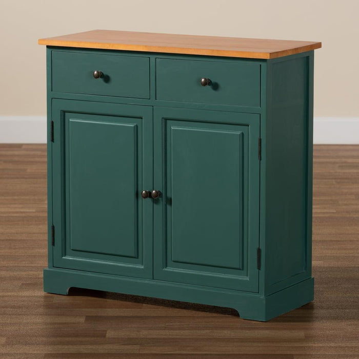 GARNER MODERN TWO-TONE TURQUOISE AND OAK BROWN FINISHED WOOD 2-DRAWER KITCHEN CABINET - Medieval Replicas