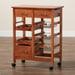 CRAYTON MODERN OAK BROWN FINISHED WOOD AND SILVER-TONE METAL MOBILE KITCHEN STORAGE CART - Medieval Replicas