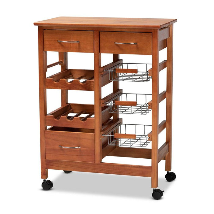 CRAYTON MODERN OAK BROWN FINISHED WOOD AND SILVER-TONE METAL MOBILE KITCHEN STORAGE CART - Medieval Replicas