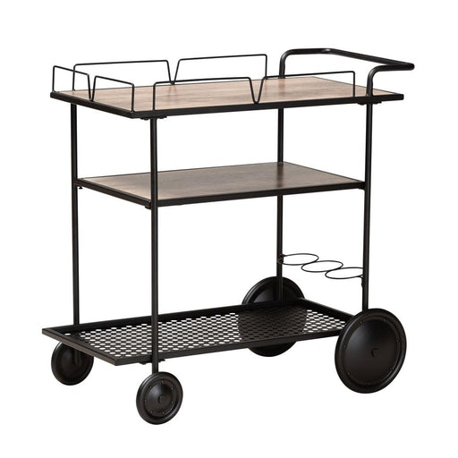 HUNTLEY MODERN BROWN FINISHED WOOD AND BLACK METAL MOBILE WINE CART - Medieval Replicas