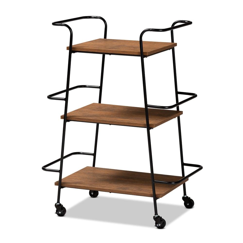 BERNARD BLACK METAL AND WALNUT FINISHED WOOD 3-TIER SMALL MOBILE WINE BAR CART - Medieval Replicas