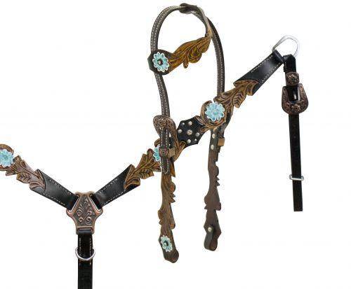 Showman One ear horse headstall with cut out filigree tooling - Medieval Replicas