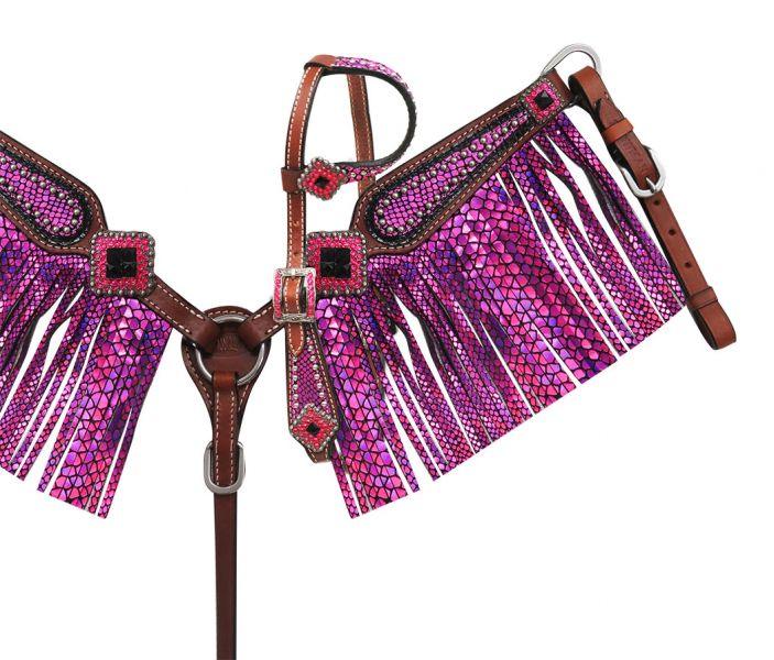 Showman Mini Size Purple snake print horse headstall and breast collar set - Medieval Replicas