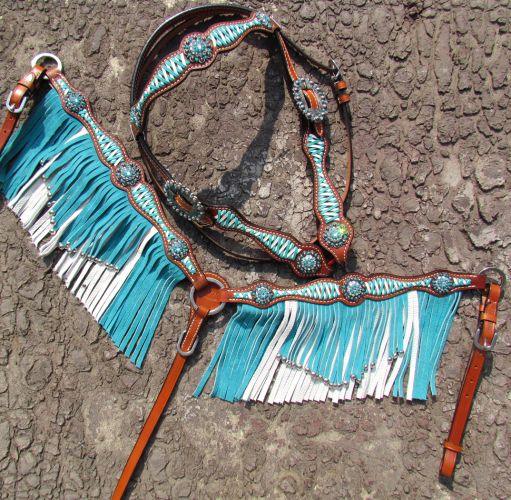 Showman Turquoise Leather Laced Browband Horse Headstall And Breast Collar - Medieval Replicas