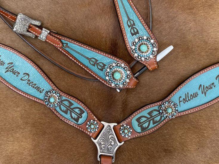 Showman ® Browband headstall and breast collar set. Features Turquoise inlay - Medieval Replicas