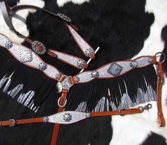 Showman 4 Piece Silver Glitter horse headstall and breast collar set - Medieval Replicas