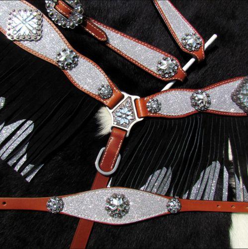 Showman 4 Piece Silver Glitter horse headstall and breast collar set - Medieval Replicas