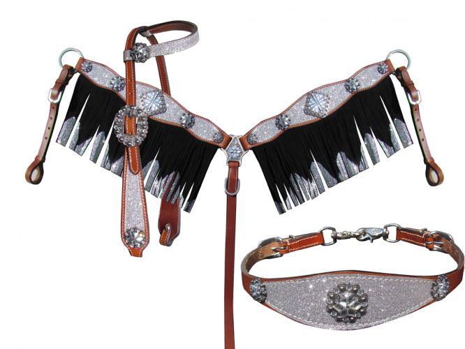 Showman 4 Piece Silver Glitter horse headstall and breast collar set - Medieval Replicas