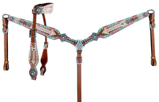 Showman Turquoise painted arrow design one ear Horse headstall and breast Collar - Medieval Replicas