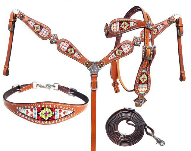 Showman ®  Multi Colored beaded browband headstall and breast collar 4 piece set - Medieval Replicas