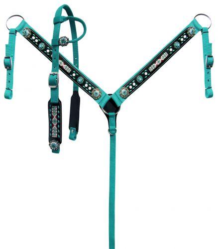 Showman Horse size Teal nylon headstall and breast collar set with beaded inlay - Medieval Replicas