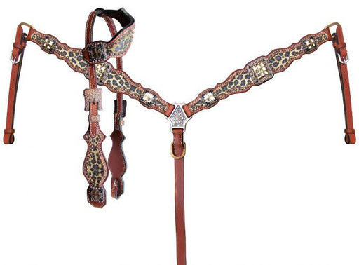 Showman Cheetah print one ear horse headstall and breast collar set - Medieval Replicas