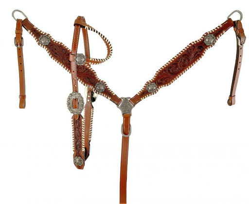 Showman One Ear Horse Headstall and breast collar set with floral tooling - Medieval Replicas