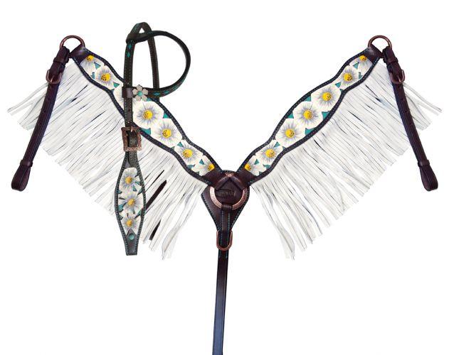 White poppy painted flower one ear Horse headstall and breast collar Set - Medieval Replicas