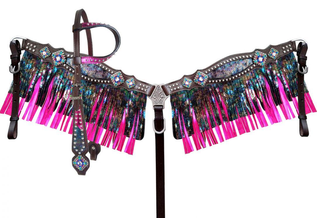 Rainbow Inlay metallic with pink metallic accent one ear Horse headstall - Medieval Replicas